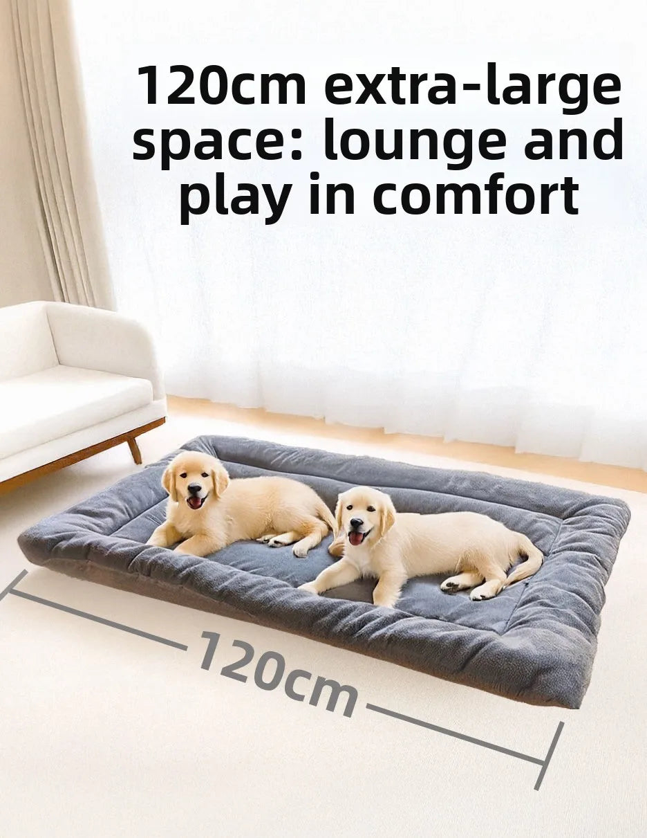 Two puppies lounging on a 120cm extra-large, plush, grey polyester dog bed for soft, comfortable crate sleeping.