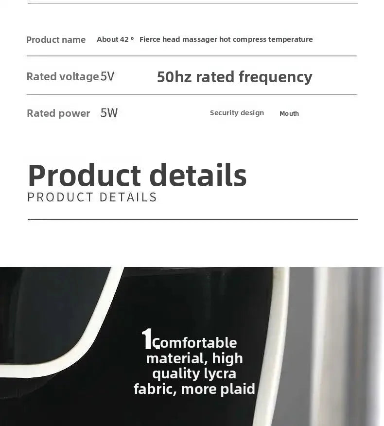 Integrated head and eye massager helmet with 42C hot compress, 5W power, and comfortable Lycra fabric lining.