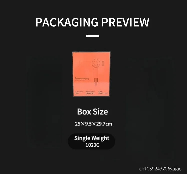 2026 orange box for 120,000 RPM high-speed bladeless professional hair dryer. Packaging display with dimensions.