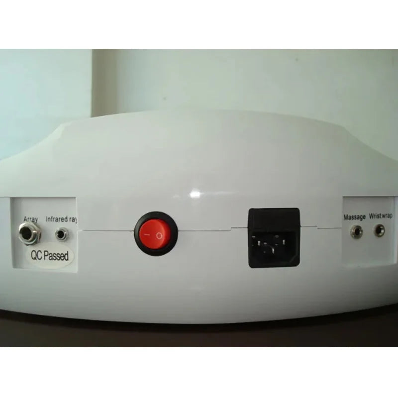 White ionic foot bath detox machine console with power switch, input ports for array, infrared, massage, and wristband.