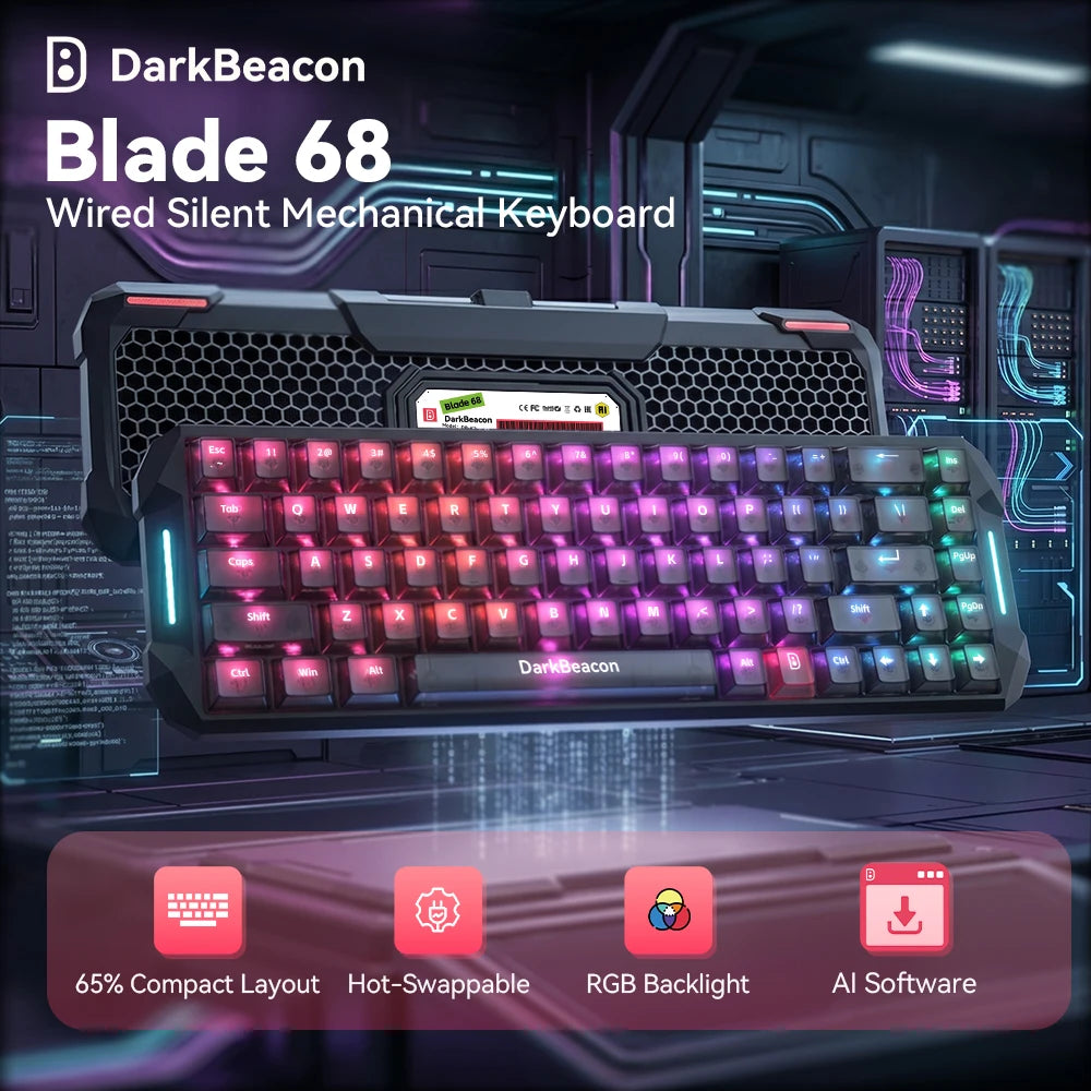 DarkBeacon 65% Gaming Keyboard 68 Keys Mechanical Keyboard LED Backlit Wired Keyboard with Red Switch for Windows Mac PS4 Gamer