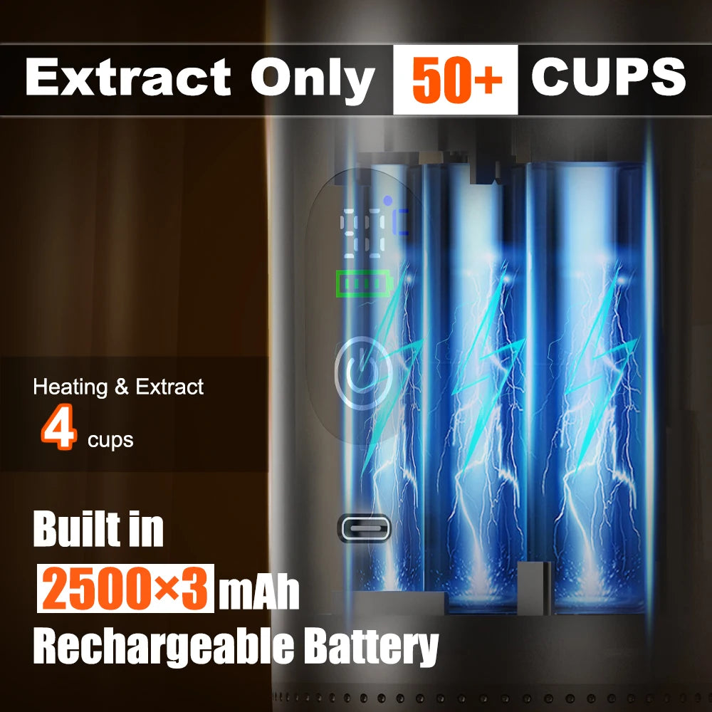 Portable electric coffee maker with 7500mAh rechargeable battery, digital display, and 50+ cup extraction capacity.
