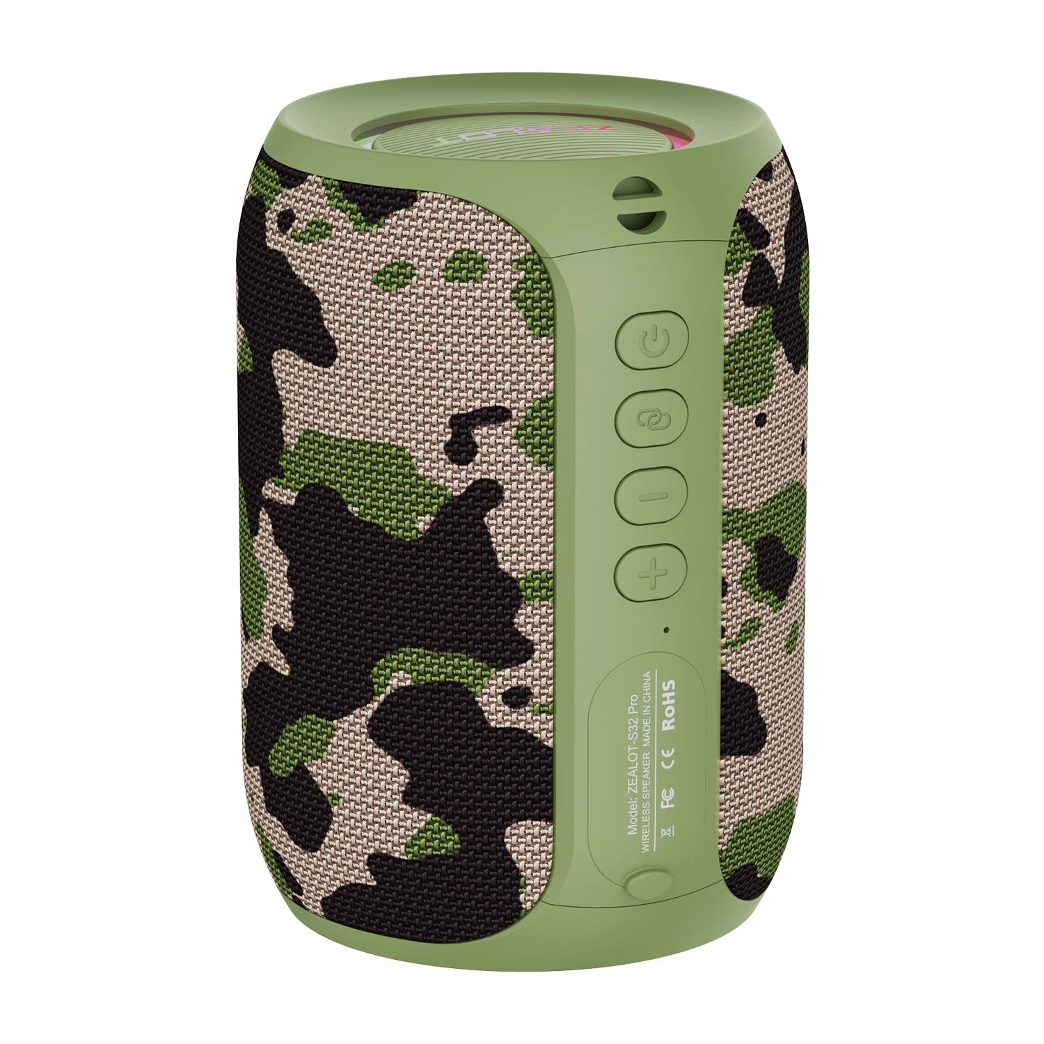 Camo portable Bluetooth speaker with side buttons and fabric speaker grille
