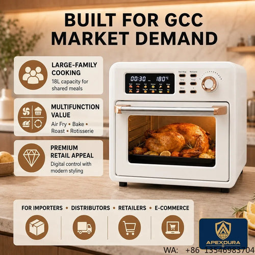 18L air fry oven front with digital display and rotisserie door window