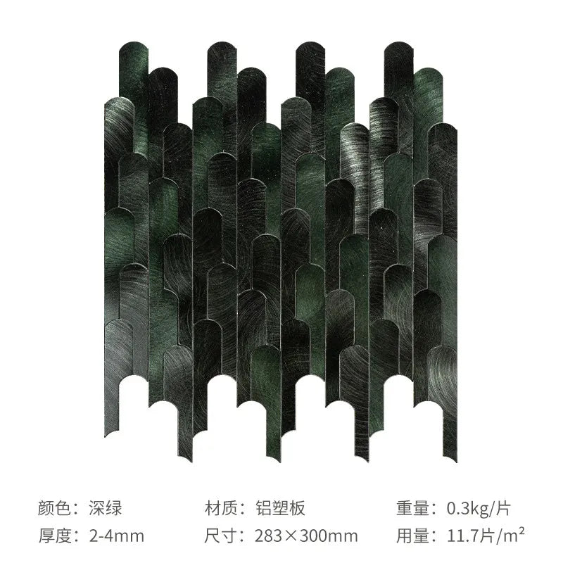 3D metal mosaic tile wall sticker sheet in dark green with arched tile pattern