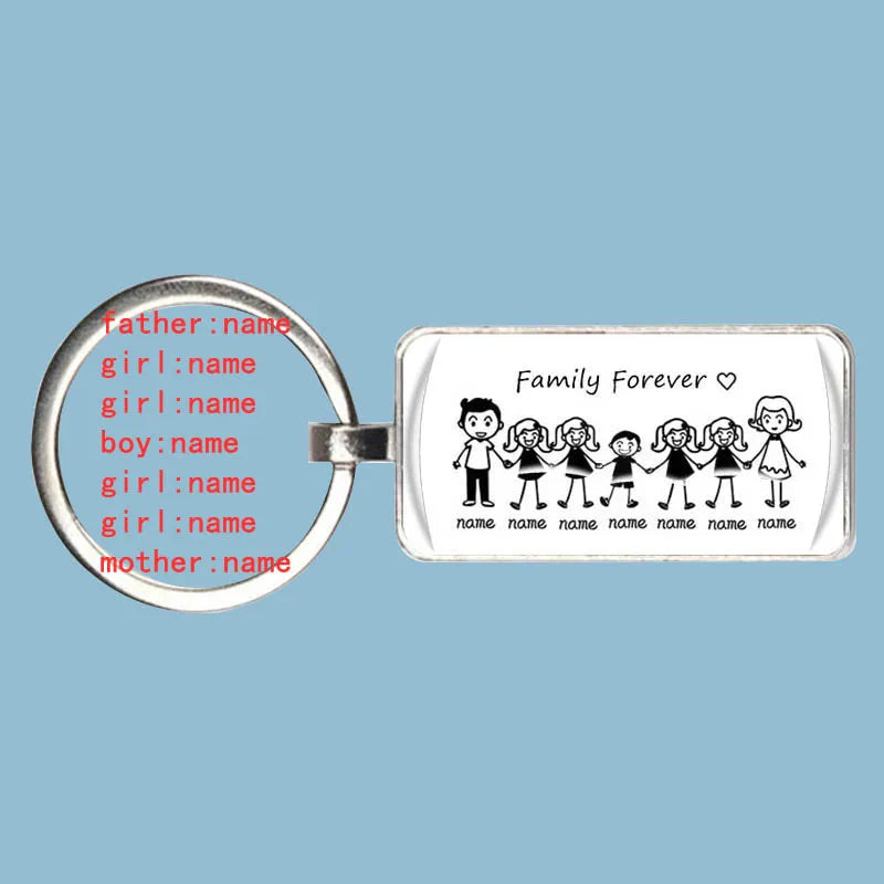 Custom silver family keychain with personalized names, perfect meaningful gift for parents and pet lovers.