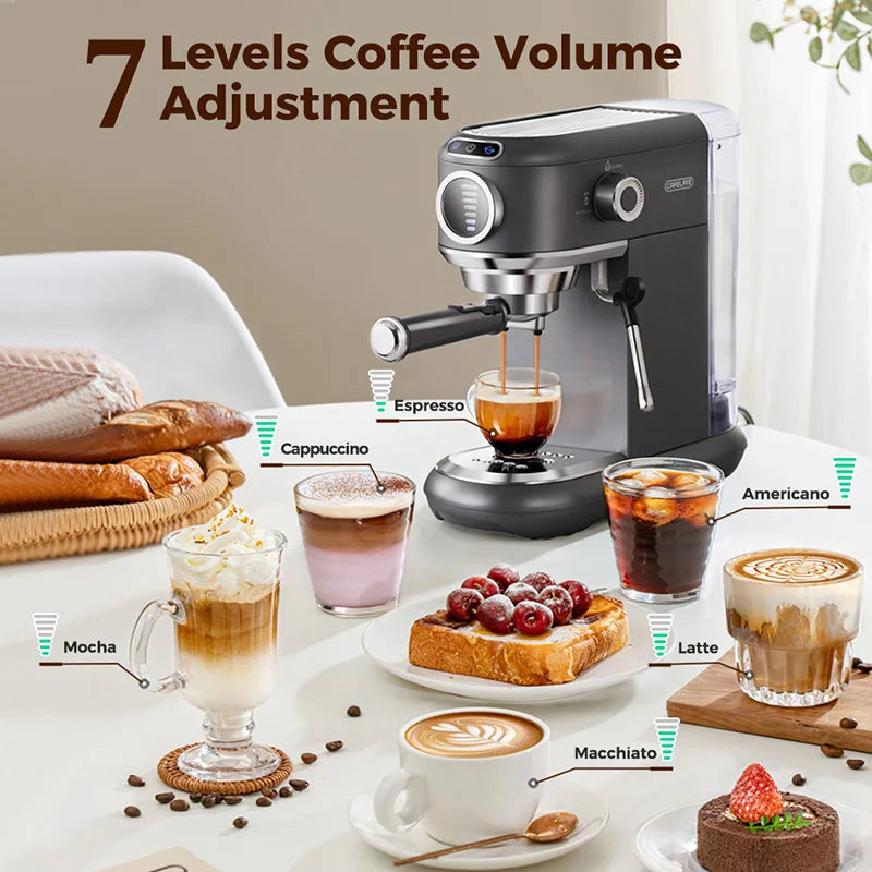 Capleffe espresso machine in matte black with 7-level coffee volume adjustment, milk frother, and various coffee drinks.