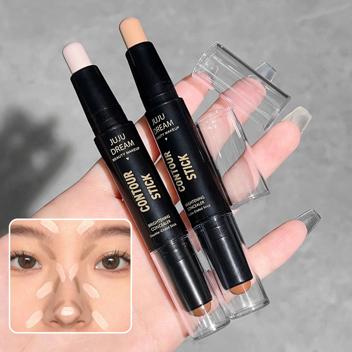 Tidesmit double-headed nose shadow and highlighter stick for three-dimensional contouring, texture close-up