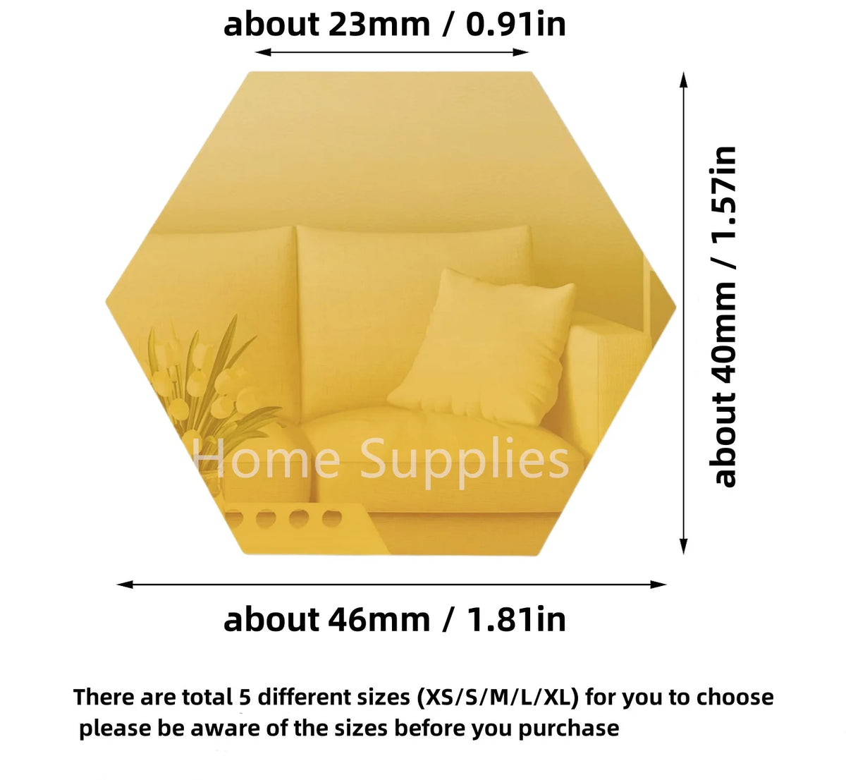 Gold hexagon mirror sticker tile, about 46mm; self-adhesive mosaic decal