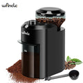 Winco black electric burr coffee grinder with bean hopper, grind settings, and ground coffee collection container.