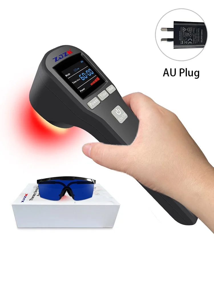 Handheld red light therapy device, black plastic, with digital display and protective blue goggles for pain relief.