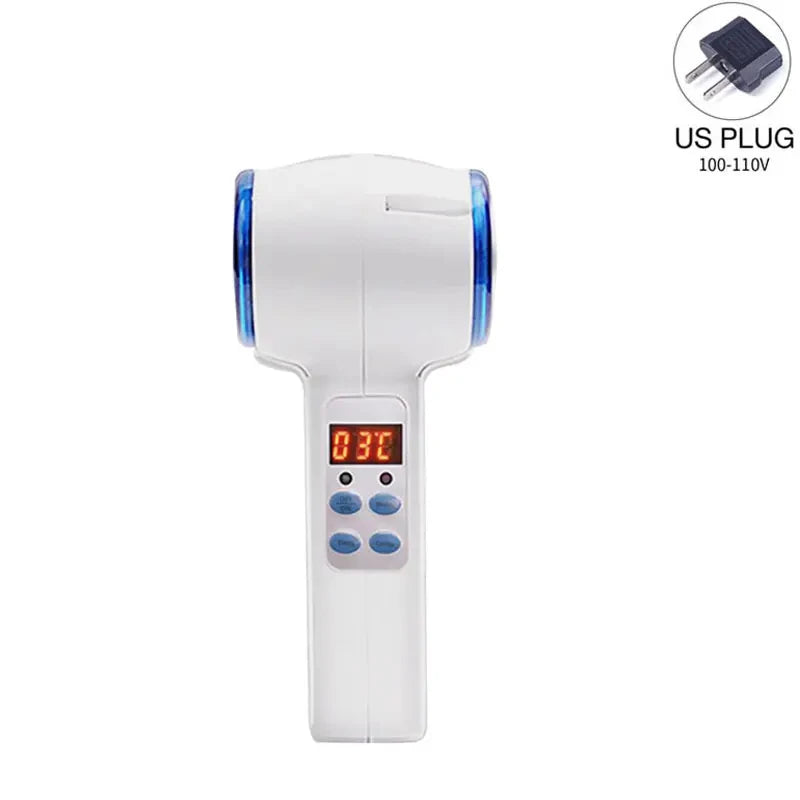 White, hammer-style handheld facial massager with a digital temperature display, control buttons, and a US power plug.