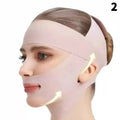 A woman wearing a beige V-shape face-lifting mask strap that wraps around the chin and secures at the top of the head.