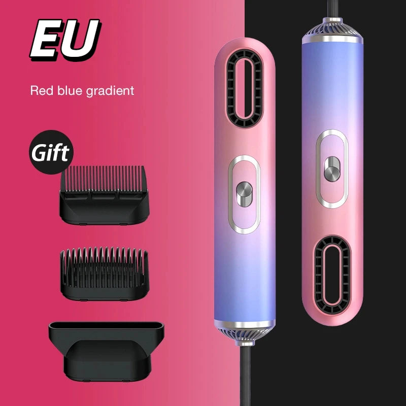 Red-blue gradient high-speed ionic hair dryer with styling attachments for professional household blow drying.