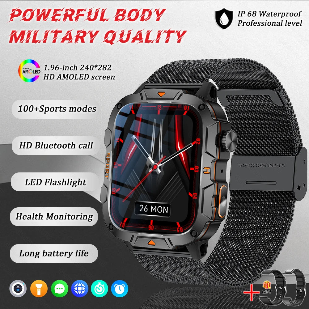 Black smart watch with woven mesh strap and orange-lit fitness display