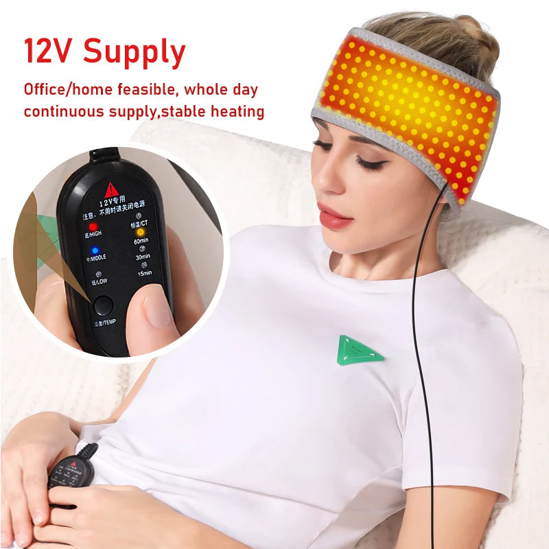 Woman wearing red light therapy heating headband for migraine relief with 12V power controller for home or office use.