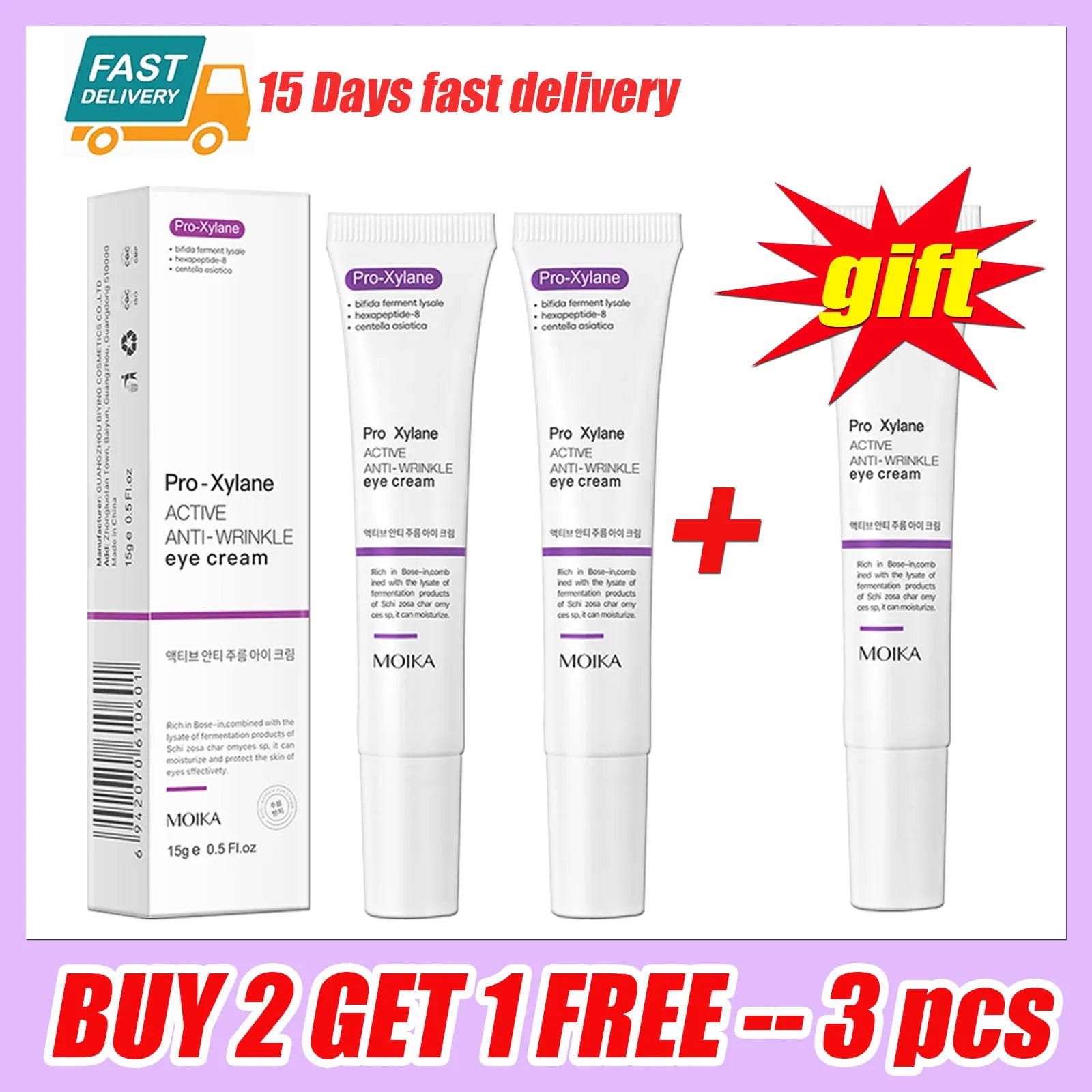 Three white Pro-Xylane anti-wrinkle eye cream tubes with purple text, designed to firm skin and reduce dark circles.