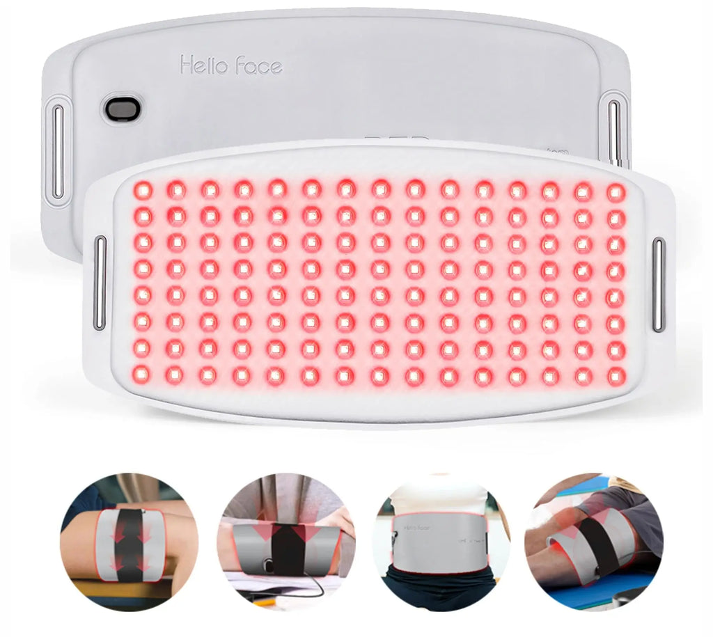 Hello Face red light therapy mat with glowing LED lights, shown flat and strapped to body parts for pain relief.