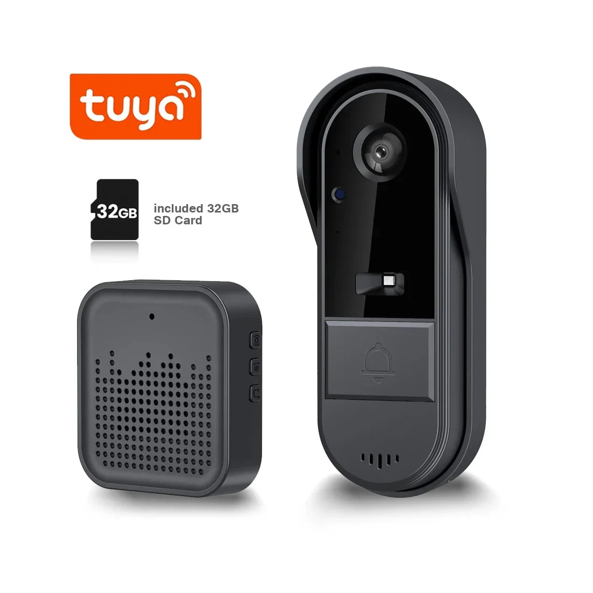 Tuya smart doorbell with 32GB microSD card, black camera and indoor chime