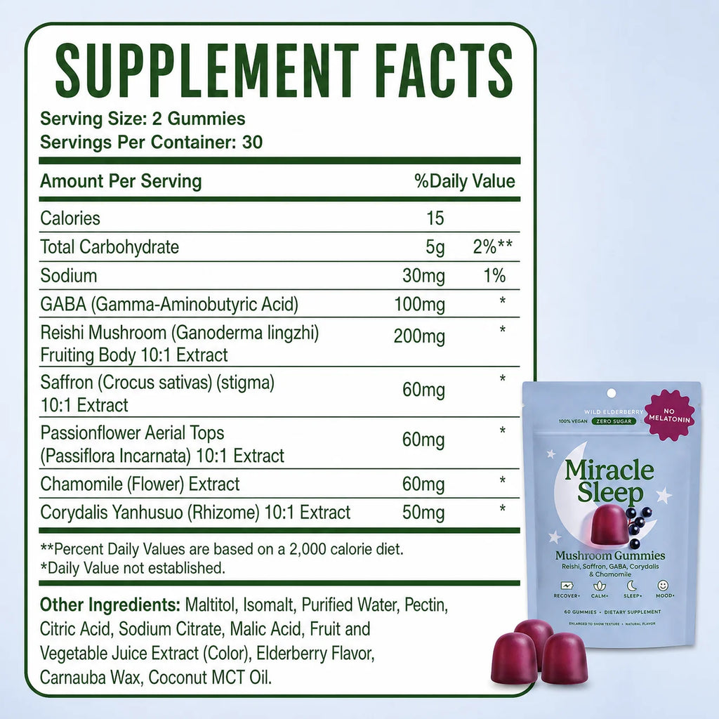 Melatonin-Free Mushroom Sleep Gummies with Reishi, GABA, Saffron & Chamomile, Wild Elderberry, Calm Night Support, 60 Count