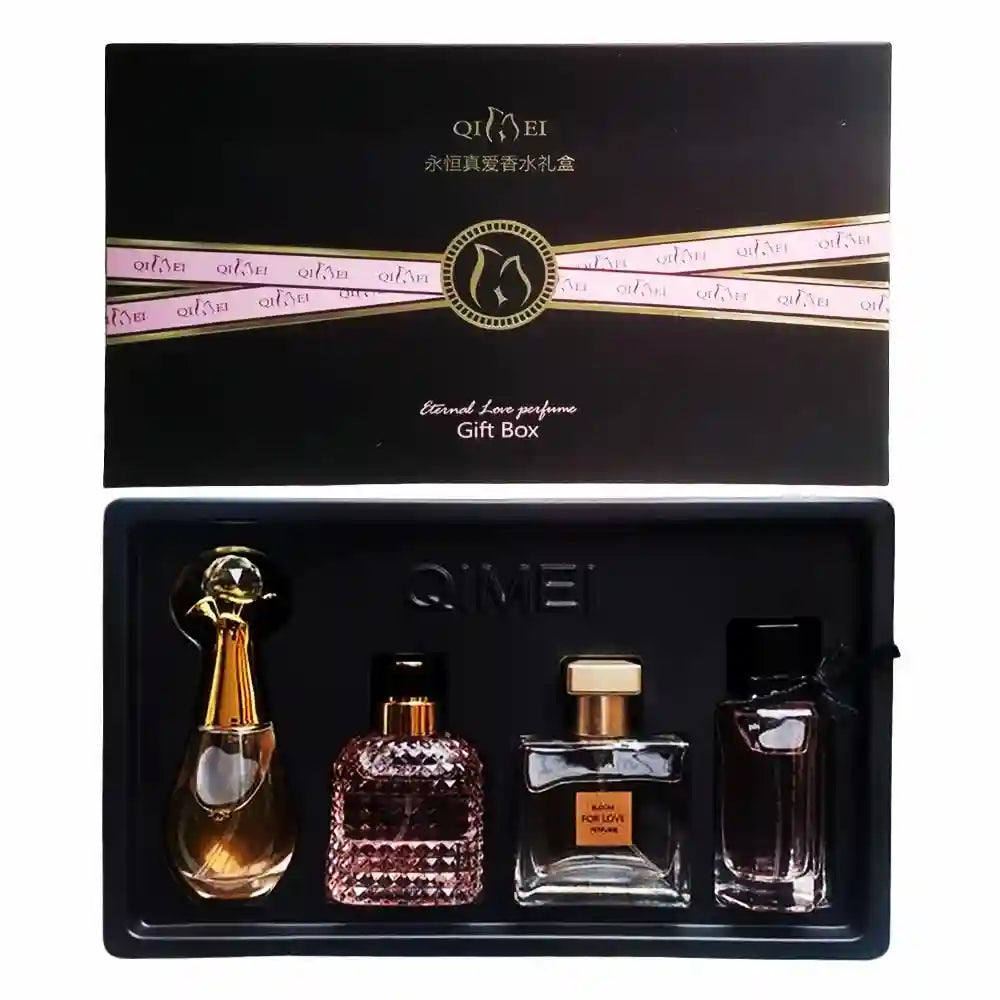 Qimei Eternal Love 4pc perfume gift set: floral fruity EDP for women featuring elegant glass bottles in a luxury box.