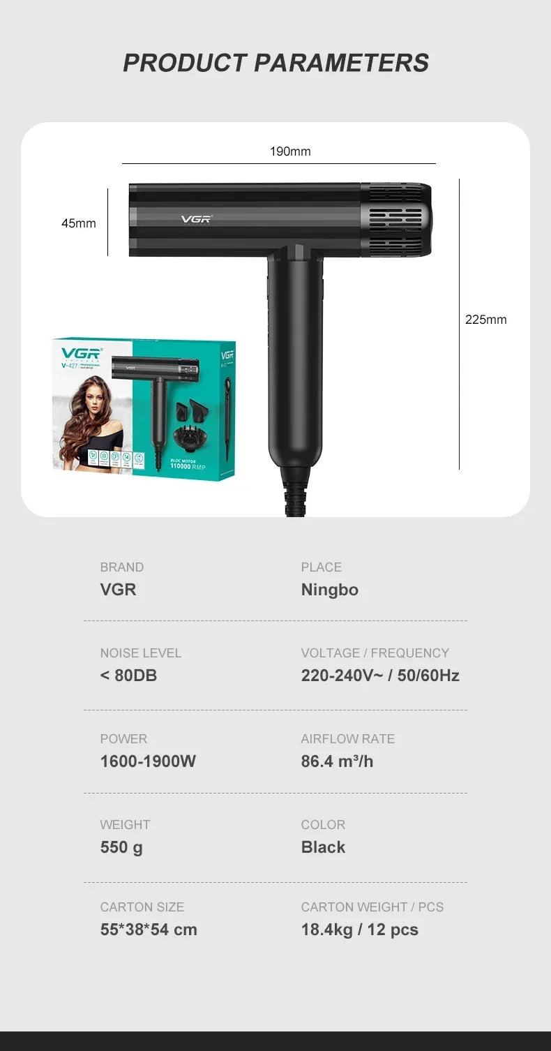 Black VGR leafless hair dryer V-427 with brushless motor, attachments, and 110000RPM professional salon specs.