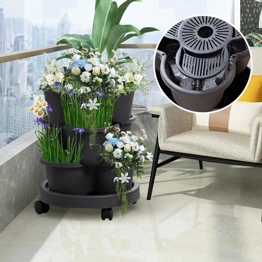 3-tier vertical planter tower with flowers; inset shows inner drainage insert