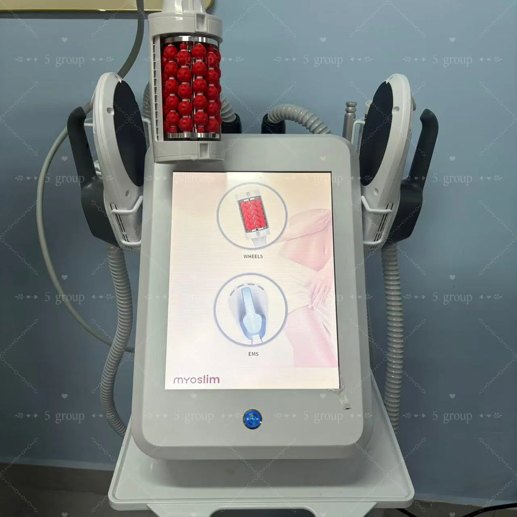 Myoslim body contouring machine with red roller applicator, touchscreen interface, and handheld sculpting attachments.