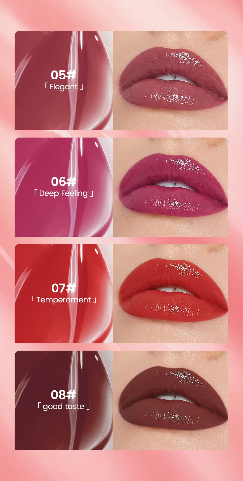 QIBEST moisturizing watery lip glaze swatches: glossy, mirror-finish liquid lipstick in red and berry shades.