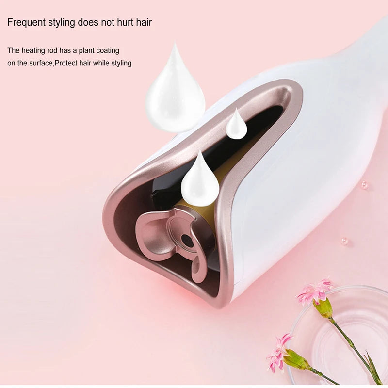 White and rose gold automatic hair curler with protective plant-coating heating rod for safe, heat-free styling.