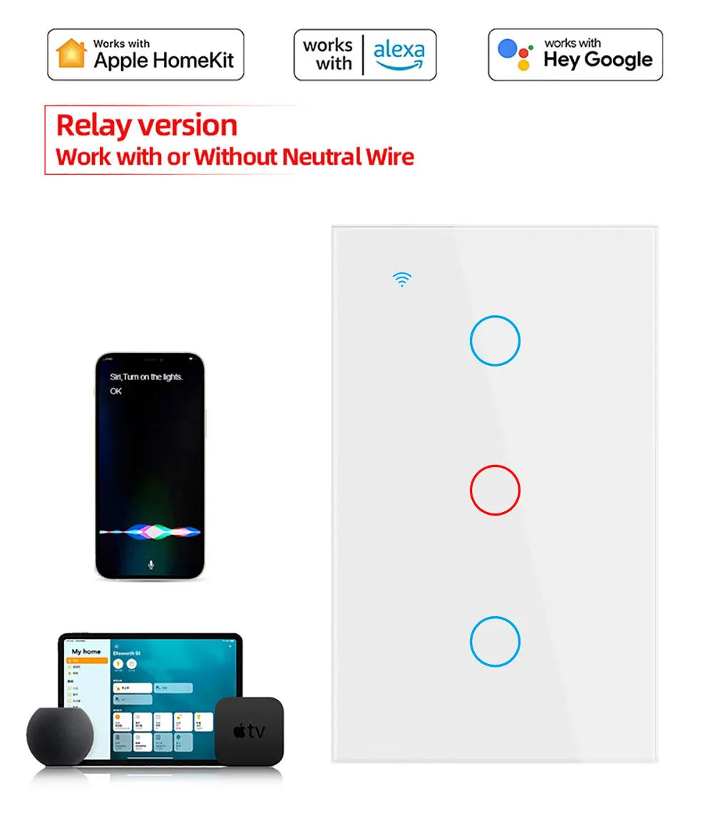 BONDA Homekit Smart Switch No Neutral EU/US WIFI Touch Sensor Light Switch Smart Google Home Alexa Siri Voice Control 220V 110V