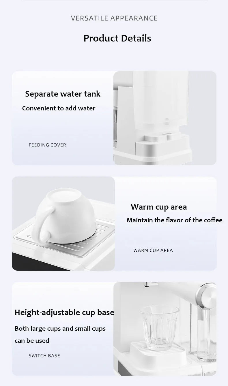 White coffee maker features a removable water tank, cup warming tray, and height-adjustable base for various cup sizes.