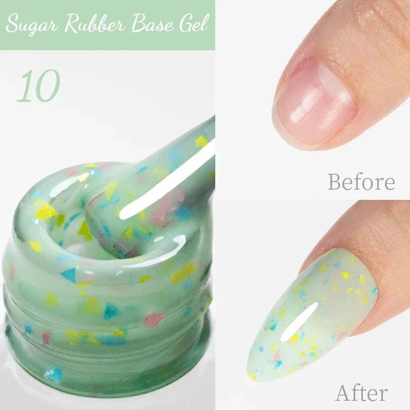 Sugar rubber base gel, shade 10. Mint green semi-sheer gel with colorful glitter flakes for nail coating.