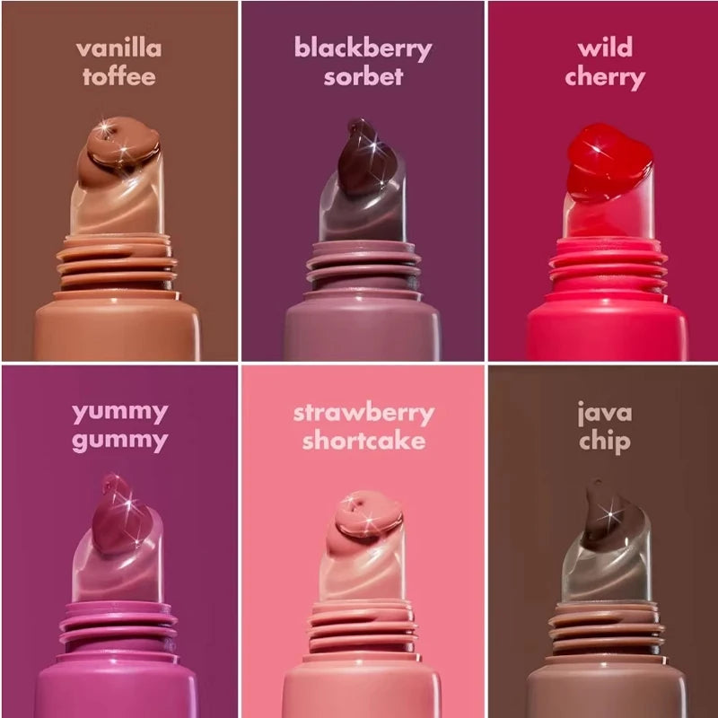 e.l.f. lip balm shades in glossy, pigmented textures like vanilla toffee, blackberry, cherry, and strawberry.