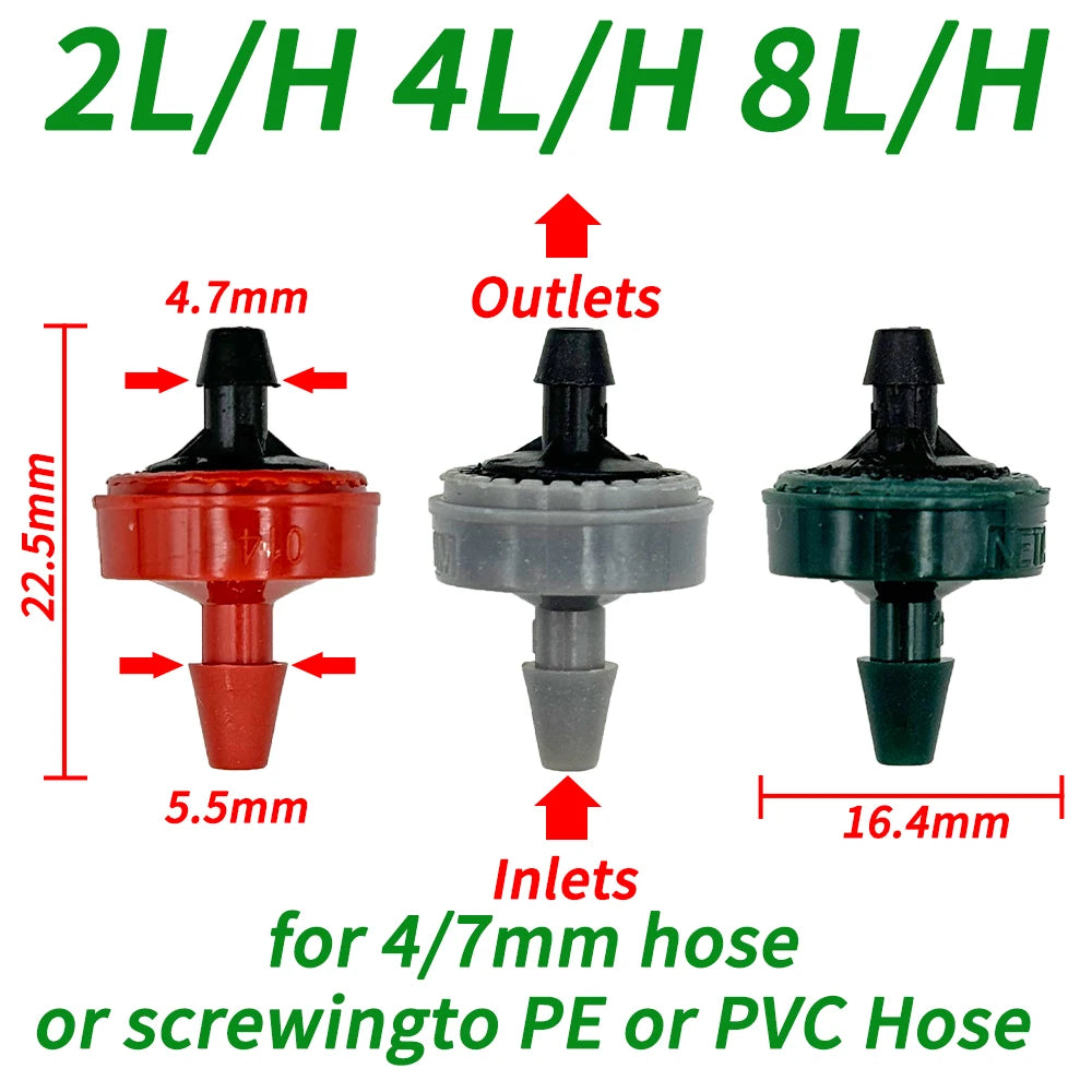 Color-coded pressure-compensating drippers (red/gray/green) for 4/7mm hose, outlet/inlet sizes