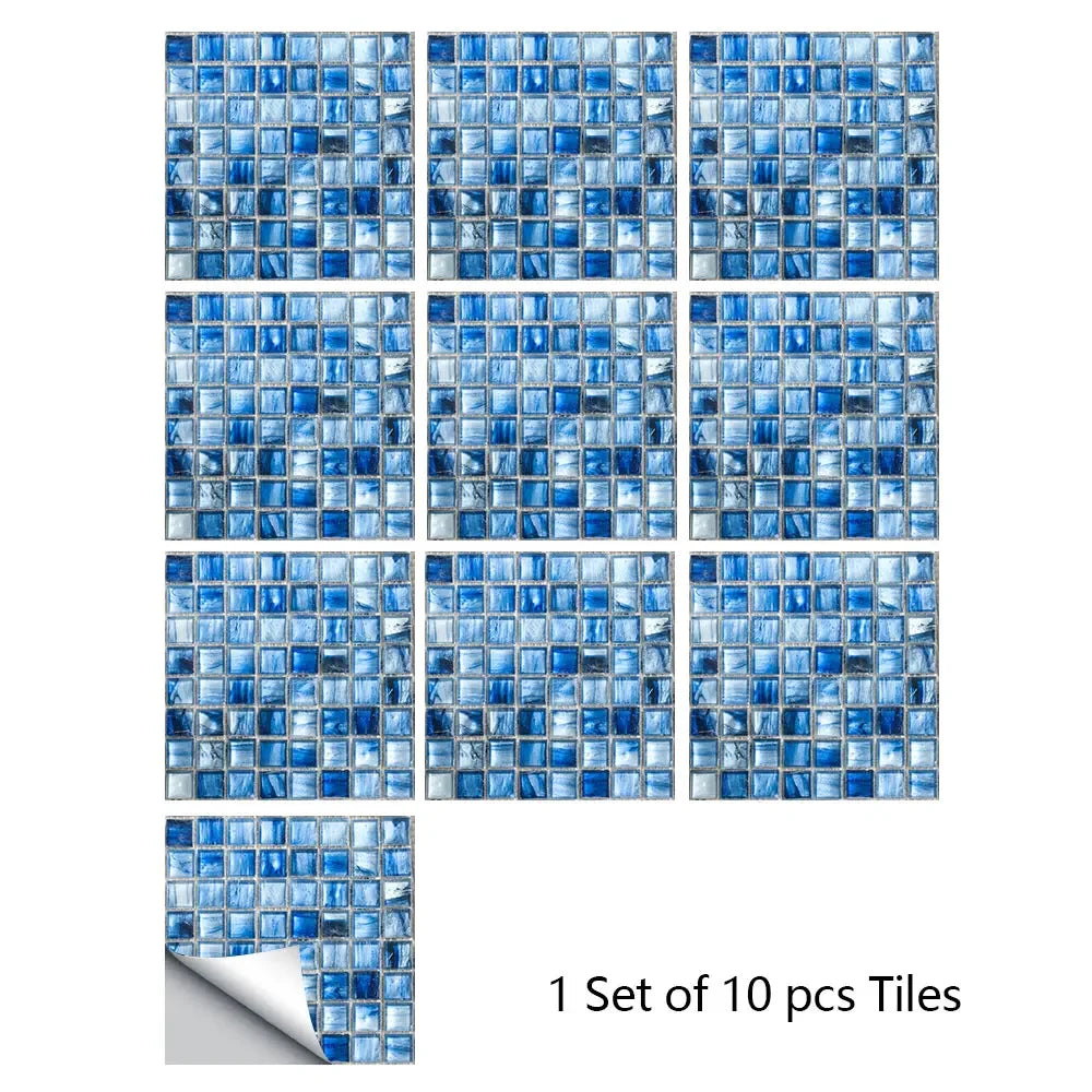 Mosaic tile sticker set, 10pcs blue square tiles with glossy glass-look pattern