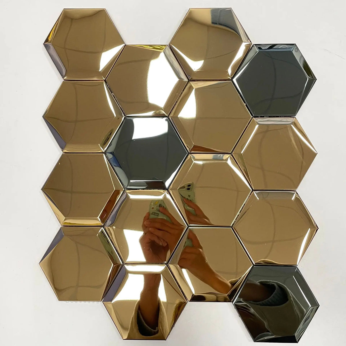 Hexagon self-adhesive metal mosaic tiles panel, gold and dark metallic reflective hexagons.