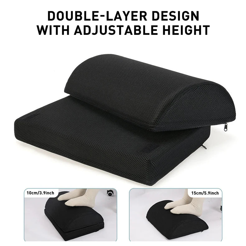 Black ergonomic under desk foot rest with adjustable double-layer design for office chair comfort.