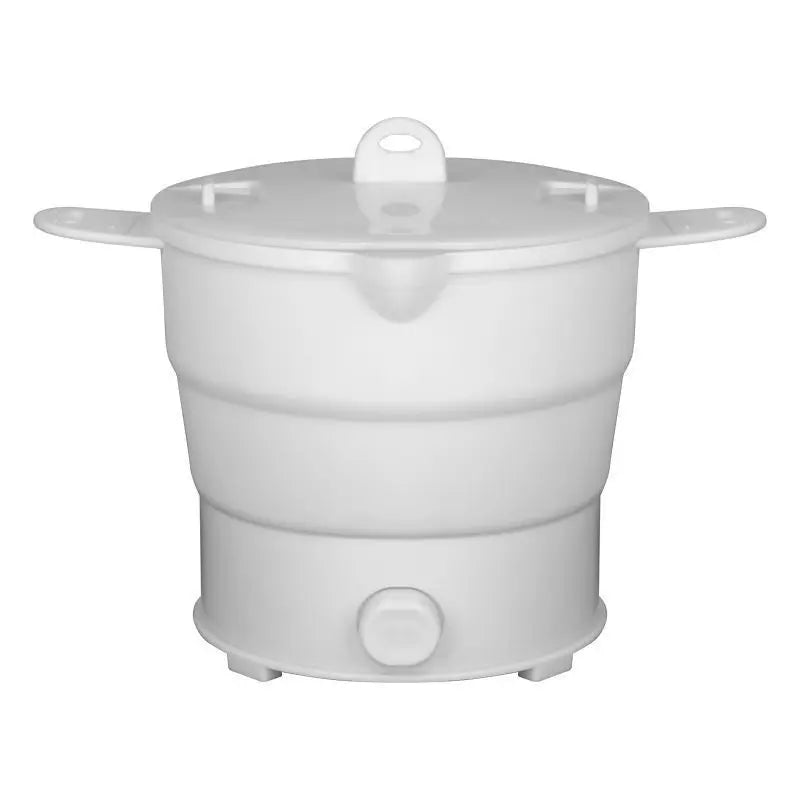 White foldable electric cooking pot with clear lid, side handles, and front power knob
