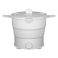 White foldable electric cooking pot with clear lid, side handles, and front power knob