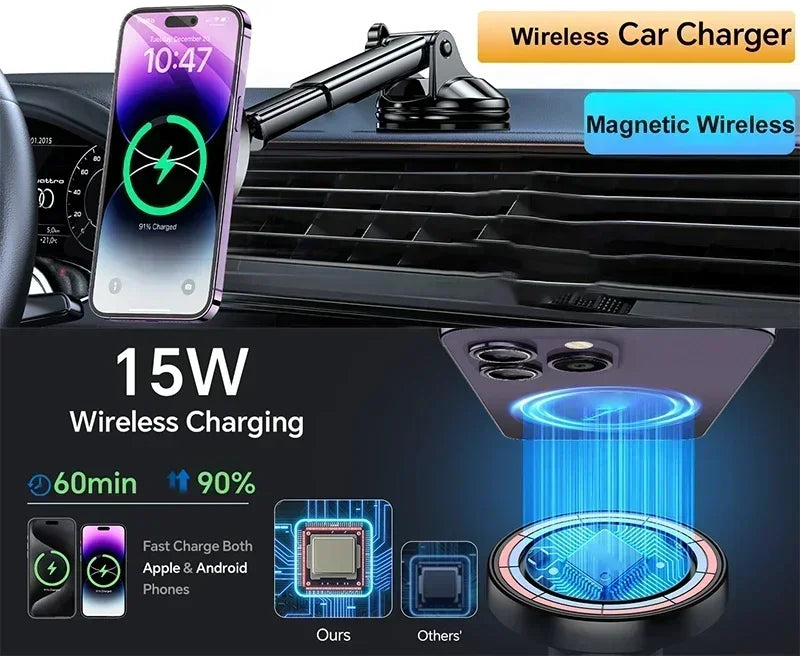 Magnetic Wireless Car Charger 15W Fast Charge Mount for iPhone (Black) Tidesmit