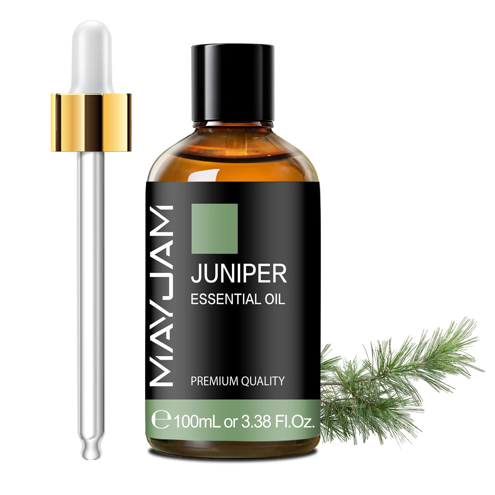 Juniper essential oil bottle with dropper, amber glass, 100ml.