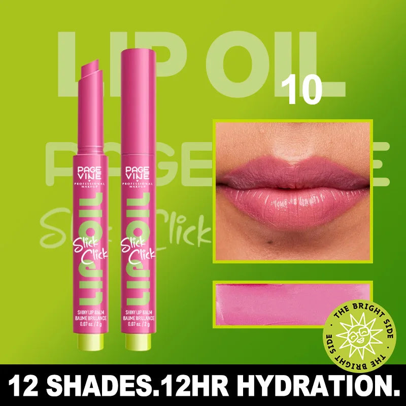 Page Vine click-press lip oil in pink shade 10. Moisturizing, plump, glossy lip makeup with smooth finish.