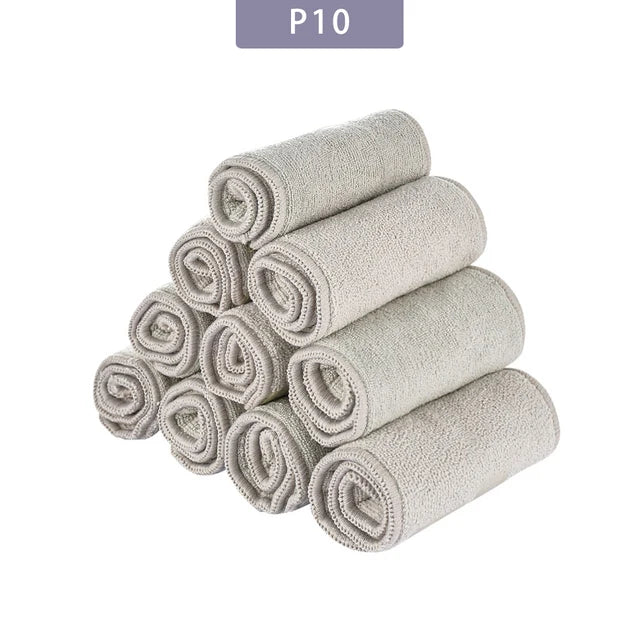 10-pack of beige organic cotton baby washcloths or reusable cloth wipes, soft and absorbent nursery essentials.