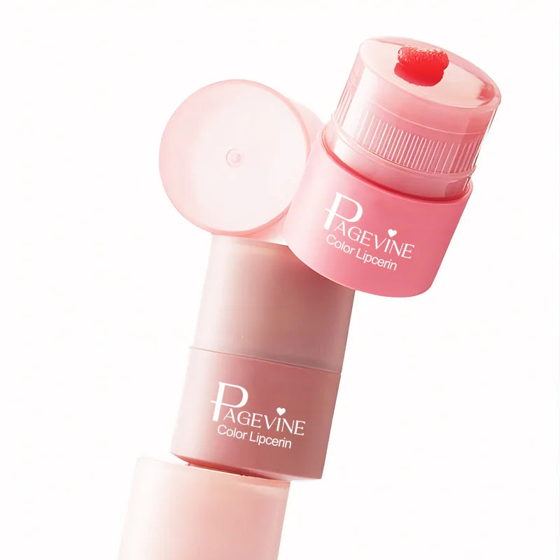Trending PAGEVINE twist-up tinted lip balm with hydrating, non-sticky glossy texture in a soft pink makeup tube.