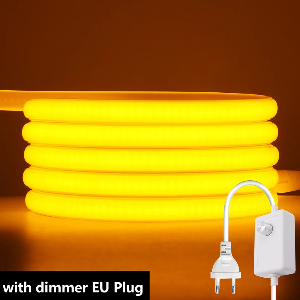 Flexible yellow LED neon strip loop with dimmer EU plug connected