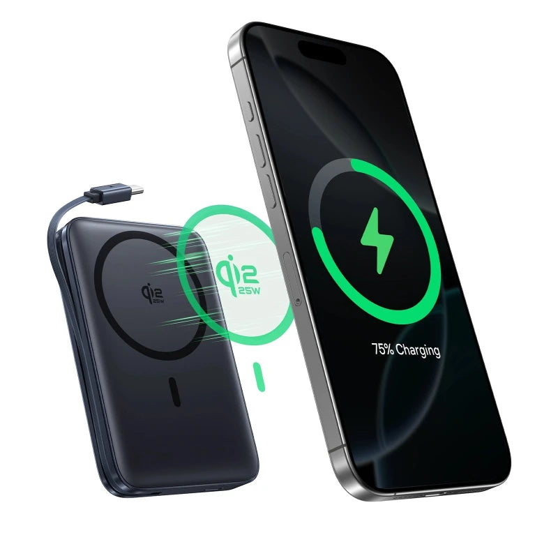Dark grey magnetic wireless power bank charging a smartphone with a 25W Qi2 interface.