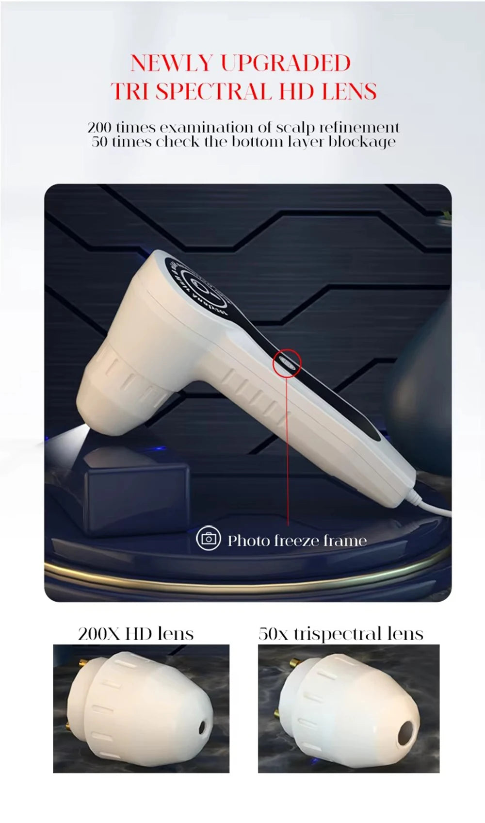 White portable scalp analyzer device with 200x and 50x tri-spectral HD lenses for professional hair and skin check.