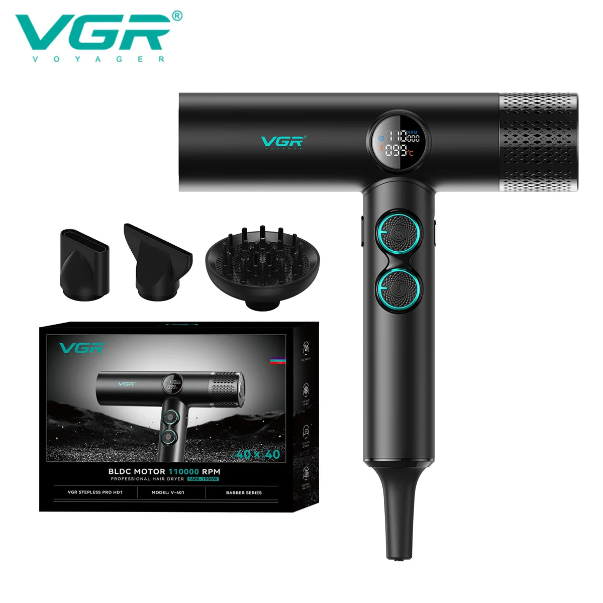 VGR V-401 professional 110,000 RPM hair dryer with digital display, 3 attachments, and sleek black salon design.
