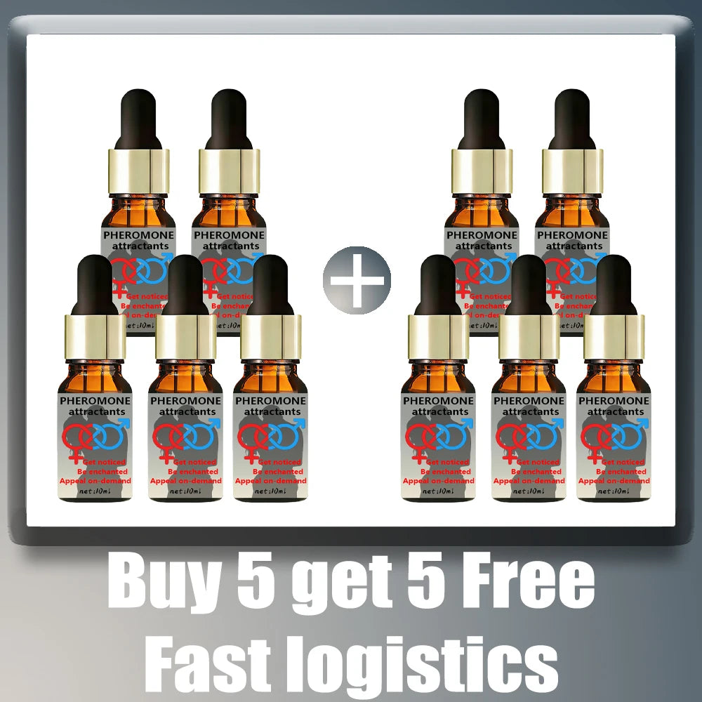 Ten 10ml amber glass dropper bottles of pheromone attractant oil, arranged in two groups of five.